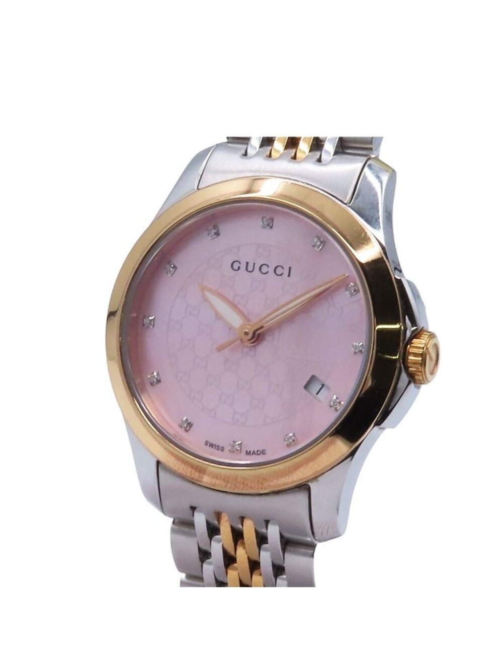 Gucci G-Timeless 126.5 Pink Mop Stainless Steel Diamond Shell Dial Watch Quartz